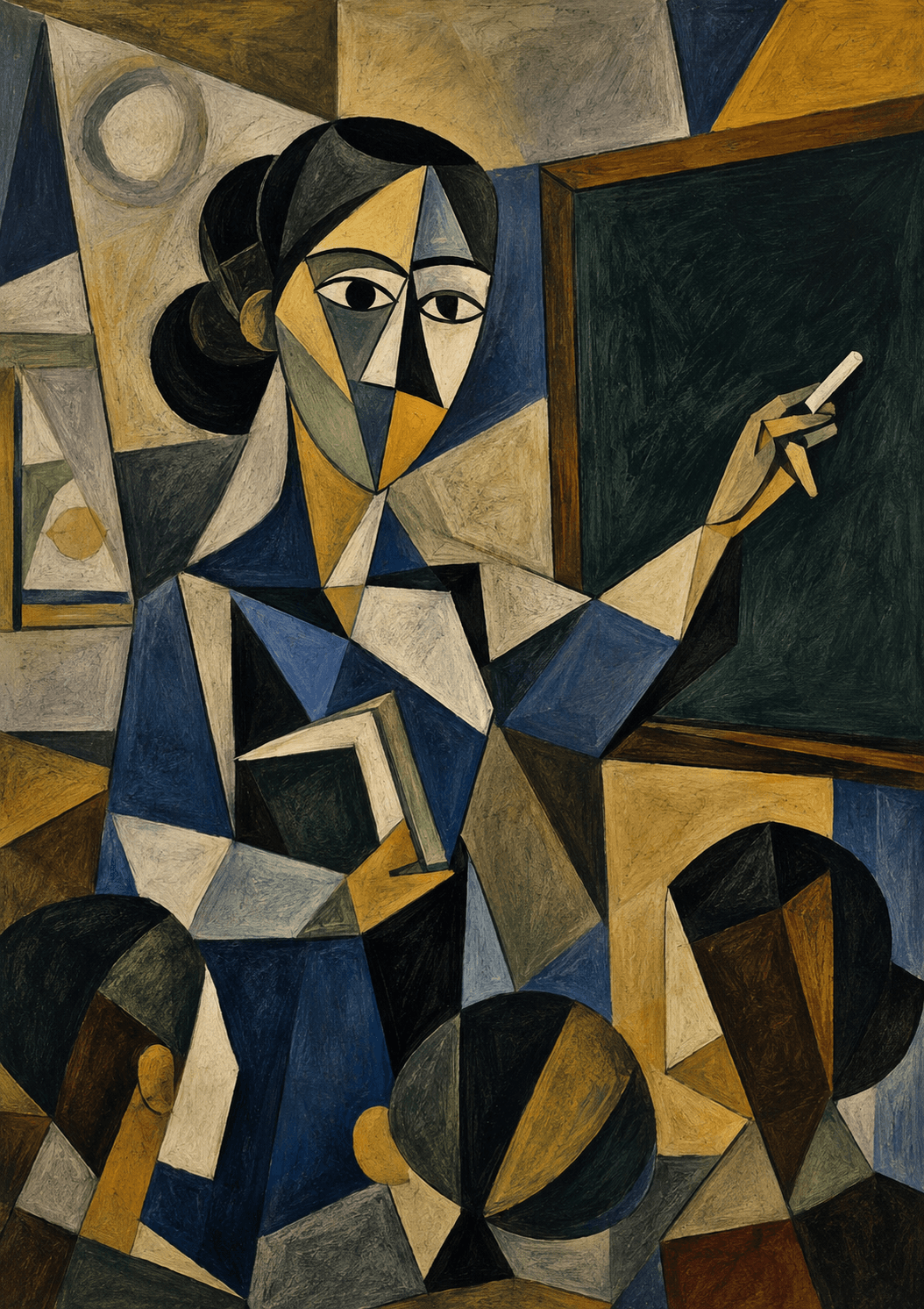 This is an AI-generated artwork of a female classroom teacher in the style of Pablo Picasso.